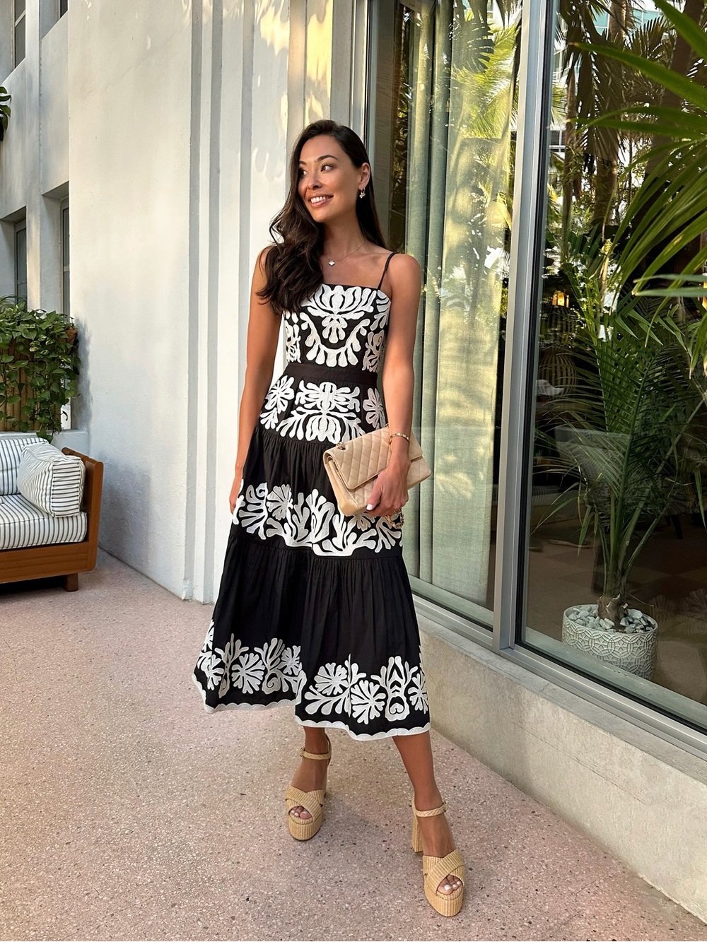 Sea Black & White Floral Tiered Midi Dress